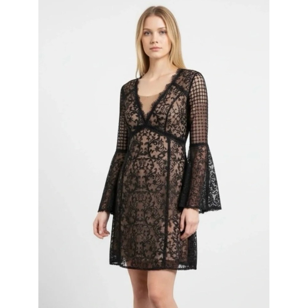 Nanette Lepore Black Silk Lace Bell Sleeve V-Neck Mini Dress Size 4